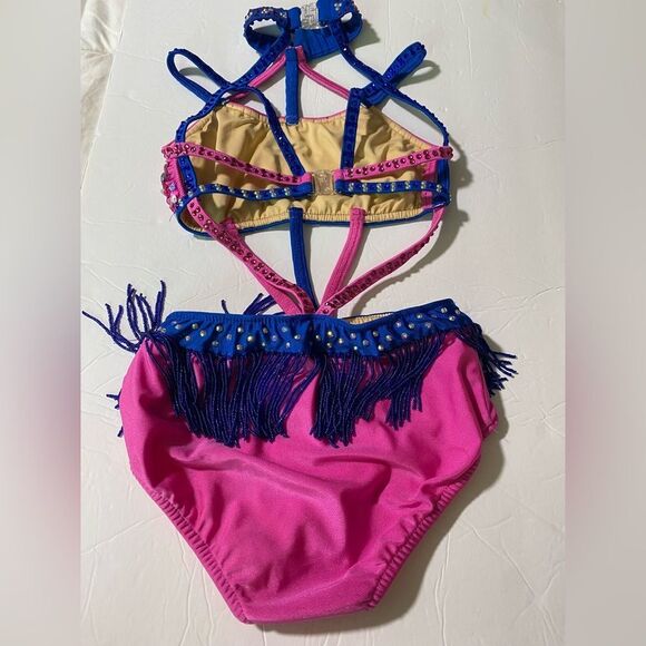 Glamour solo sassy dance costume blue pink embellished rhinestone fringe LC - Picture 4 of 13